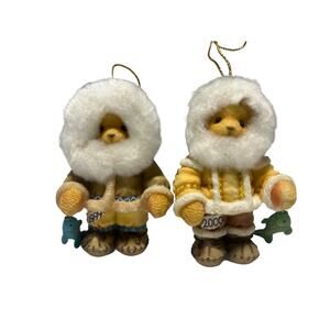Cherished Teddies 1999 and 2000 Eskimos Fishing Christmas Ornaments